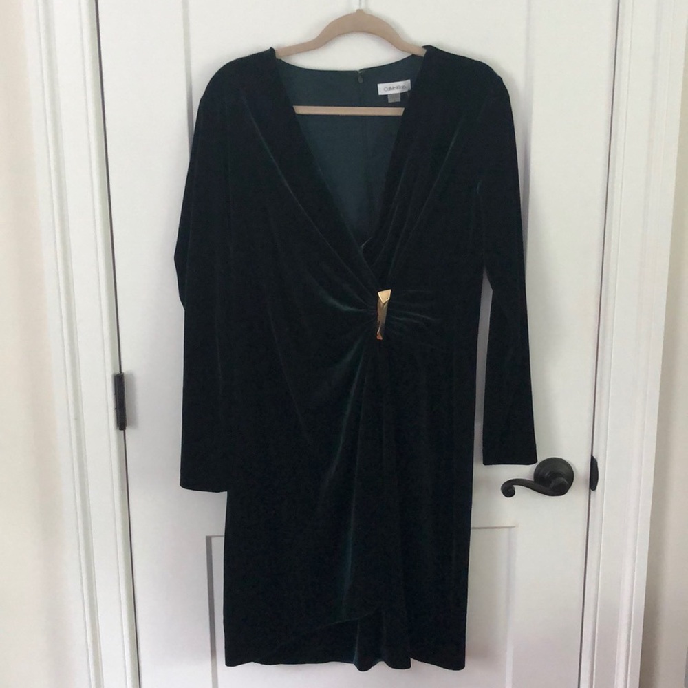 Calvin Klein Green Velvet Faux Wrap Dress Size 14